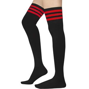 Black Thigh High Nylon Stockings with Red Stripes – Retro Athletic Look